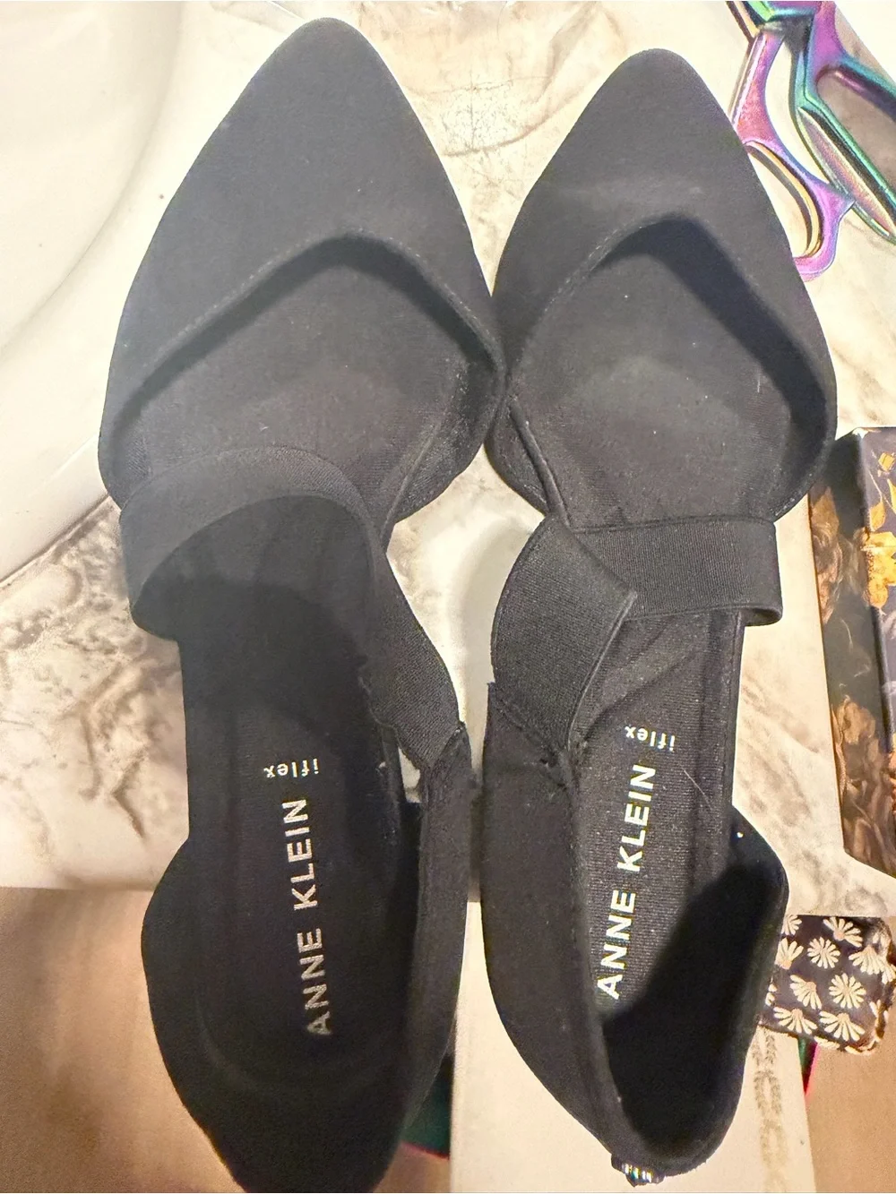 Anne Klein Black Pointed D'Orsay Flats with Elastic Strap